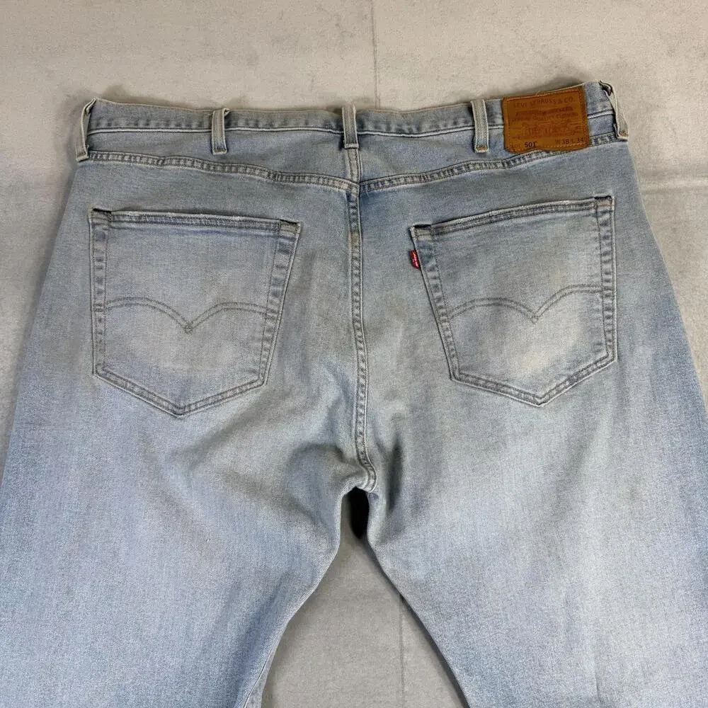 Levis Premium 501 Jeans Mens 38x34 Blue Light Wash Straight Leg Stretch Denim